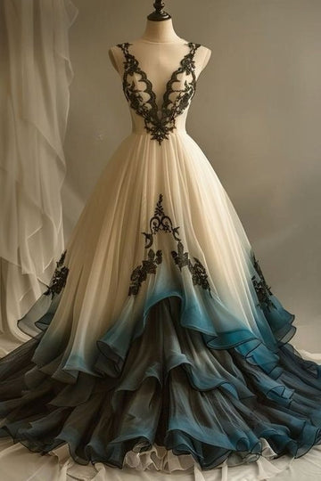 Niulatu Deep V Neck Tulle Long Prom Dress Embroidered Applique Evening Dress HZ1026